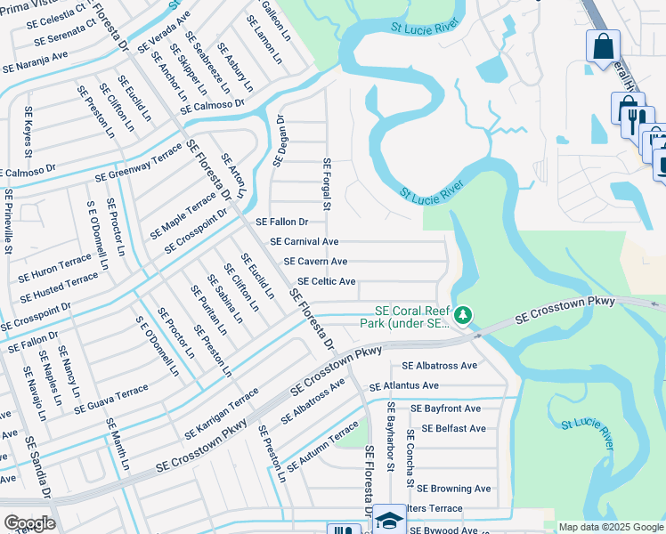 map of restaurants, bars, coffee shops, grocery stores, and more near 857 Southeast Forgal Street in Port Saint Lucie