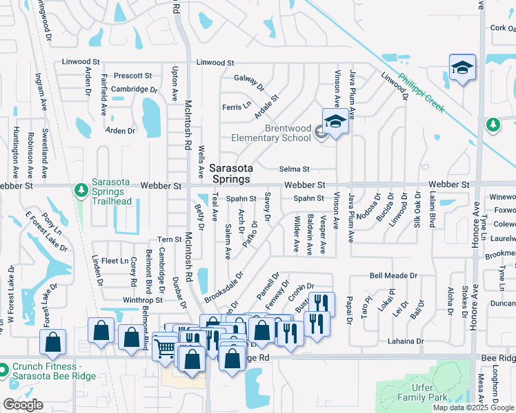 map of restaurants, bars, coffee shops, grocery stores, and more near 2906 Savoy Drive in Sarasota