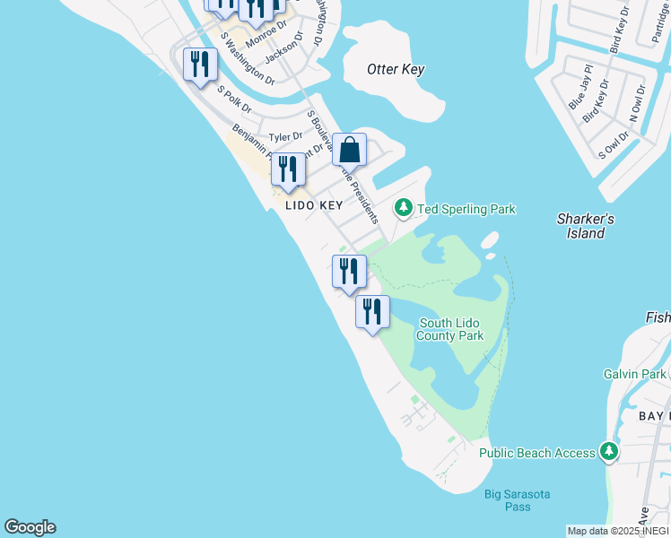 map of restaurants, bars, coffee shops, grocery stores, and more near 1050 Benjamin Franklin Drive in Sarasota
