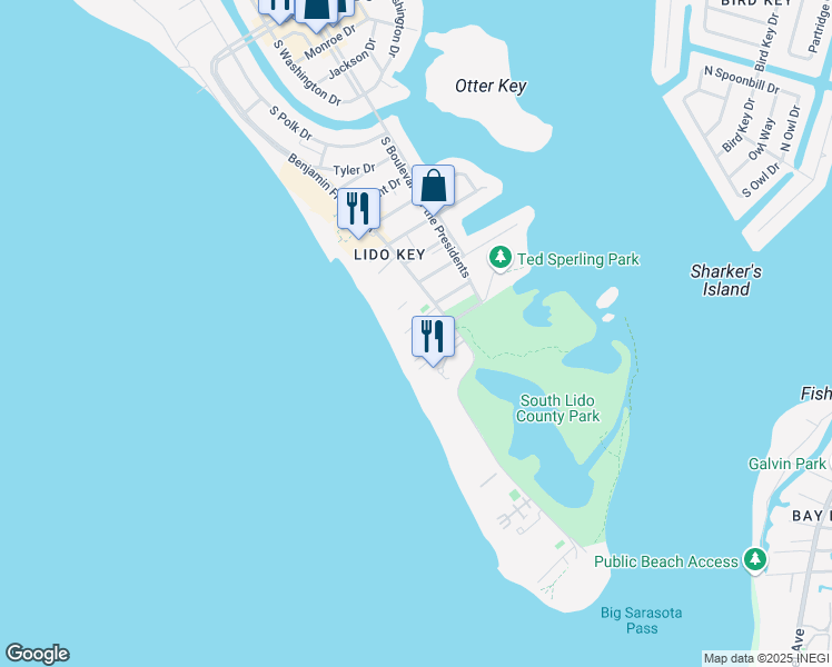 map of restaurants, bars, coffee shops, grocery stores, and more near 1100 Benjamin Franklin Drive in Sarasota