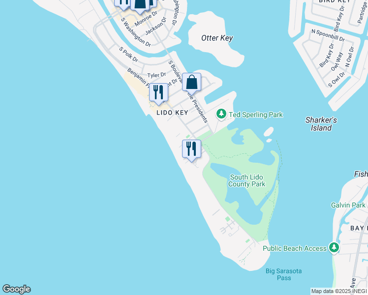 map of restaurants, bars, coffee shops, grocery stores, and more near 1102 Benjamin Franklin Drive in Sarasota