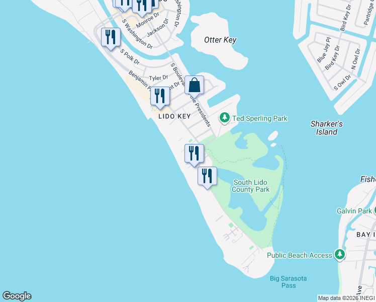 map of restaurants, bars, coffee shops, grocery stores, and more near 1050 Benjamin Franklin Drive in Sarasota