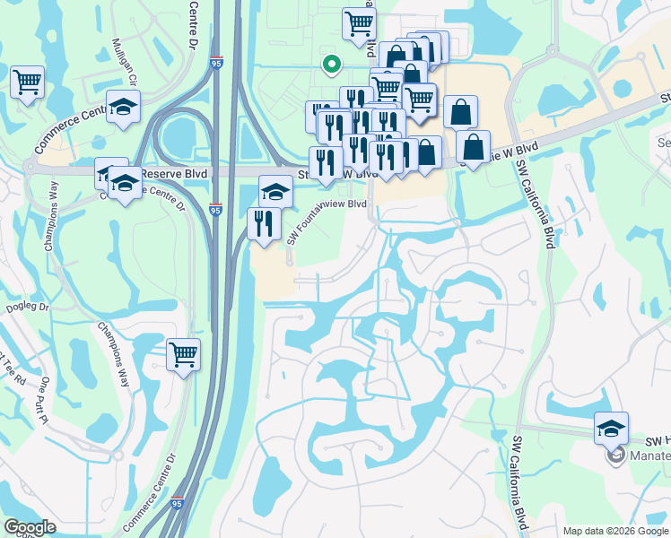 map of restaurants, bars, coffee shops, grocery stores, and more near 158 Southwest Peacock Boulevard in Port St. Lucie
