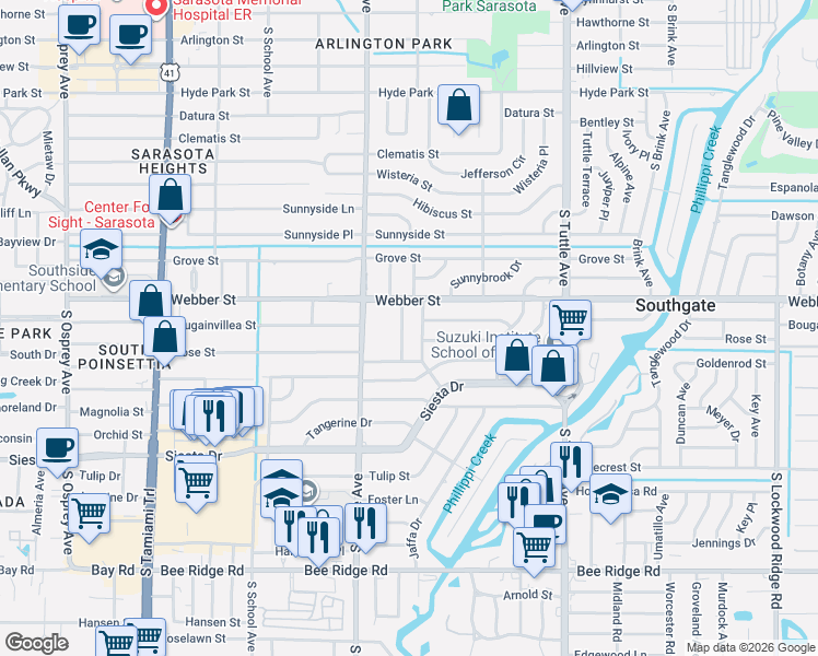 map of restaurants, bars, coffee shops, grocery stores, and more near 2818 Marshall Drive in Sarasota