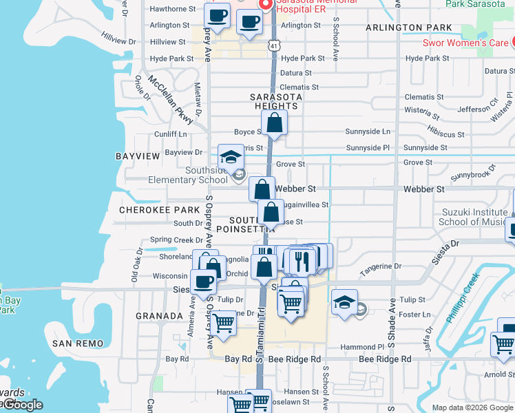 map of restaurants, bars, coffee shops, grocery stores, and more near 2891 South Tamiami Trail in Sarasota