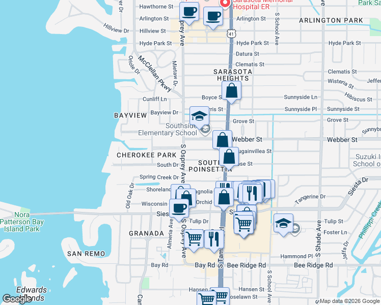 map of restaurants, bars, coffee shops, grocery stores, and more near 1822 Bougainvillea Street in Sarasota