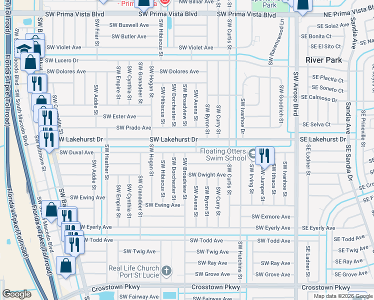 map of restaurants, bars, coffee shops, grocery stores, and more near 413 Southwest Duval Avenue in Port St. Lucie
