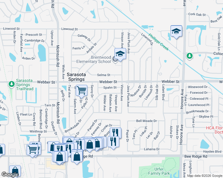 map of restaurants, bars, coffee shops, grocery stores, and more near 4700 Spahn Street in Sarasota
