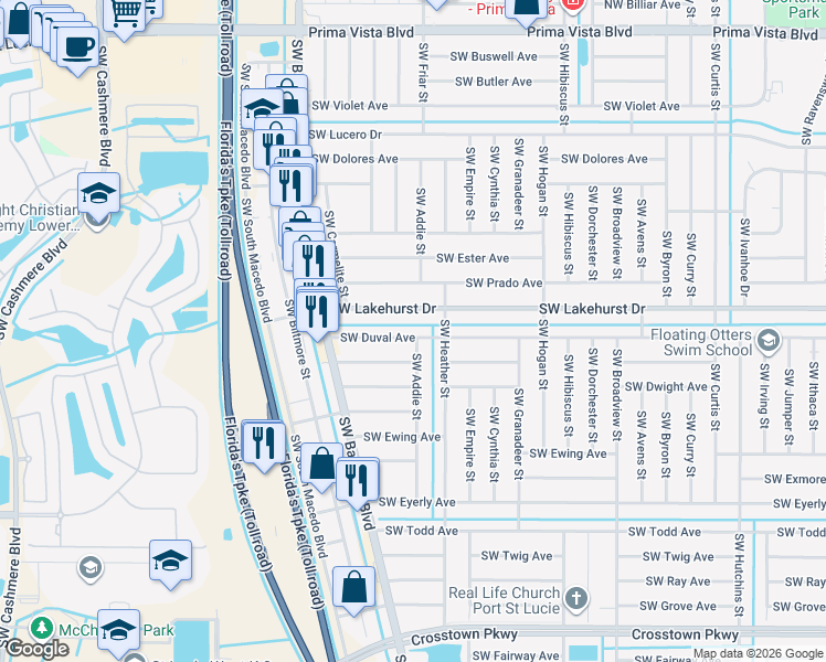 map of restaurants, bars, coffee shops, grocery stores, and more near 629 Southwest Duval Avenue in Port St. Lucie