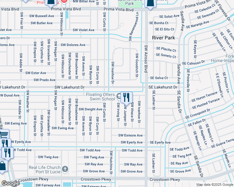 map of restaurants, bars, coffee shops, grocery stores, and more near 231 Southwest Duval Avenue in Port St. Lucie