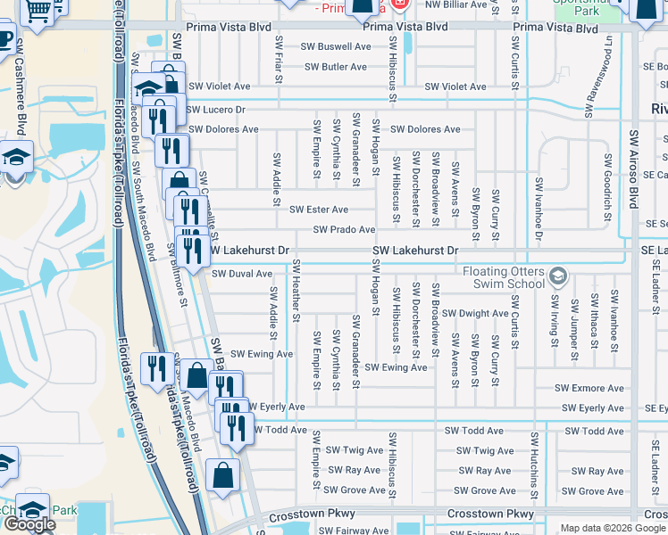 map of restaurants, bars, coffee shops, grocery stores, and more near 545 Southwest Duval Avenue in Port St. Lucie