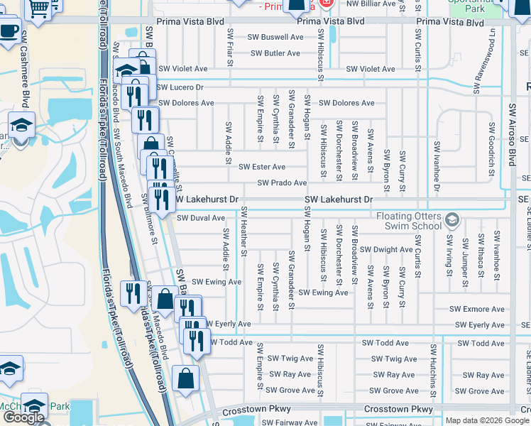 map of restaurants, bars, coffee shops, grocery stores, and more near 545 Southwest Duval Avenue in Port St. Lucie