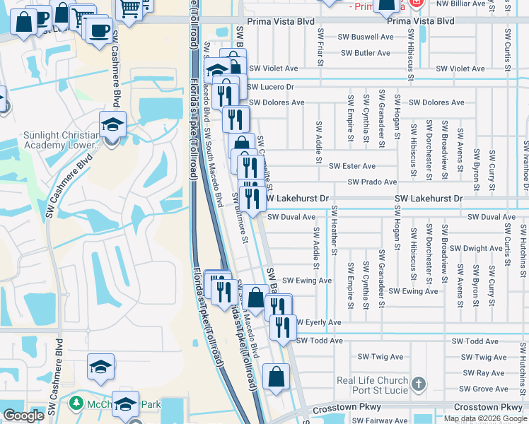 map of restaurants, bars, coffee shops, grocery stores, and more near 1031 Southwest Bayshore Boulevard in Port St. Lucie