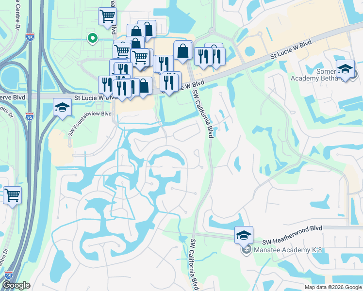 map of restaurants, bars, coffee shops, grocery stores, and more near 1575 Southwest Harbour Isles Circle in Port St. Lucie