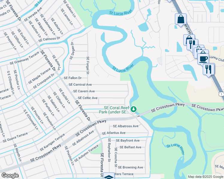map of restaurants, bars, coffee shops, grocery stores, and more near 849 Southeast Cavern Avenue in Port St. Lucie