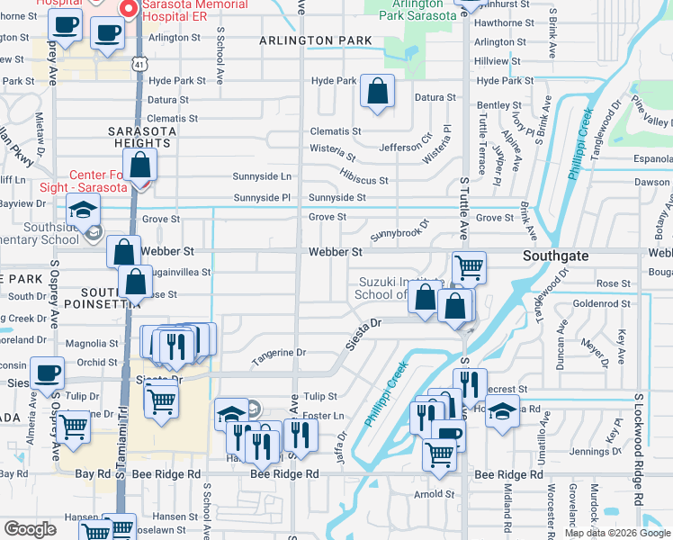 map of restaurants, bars, coffee shops, grocery stores, and more near 2818 Marshall Drive in Sarasota