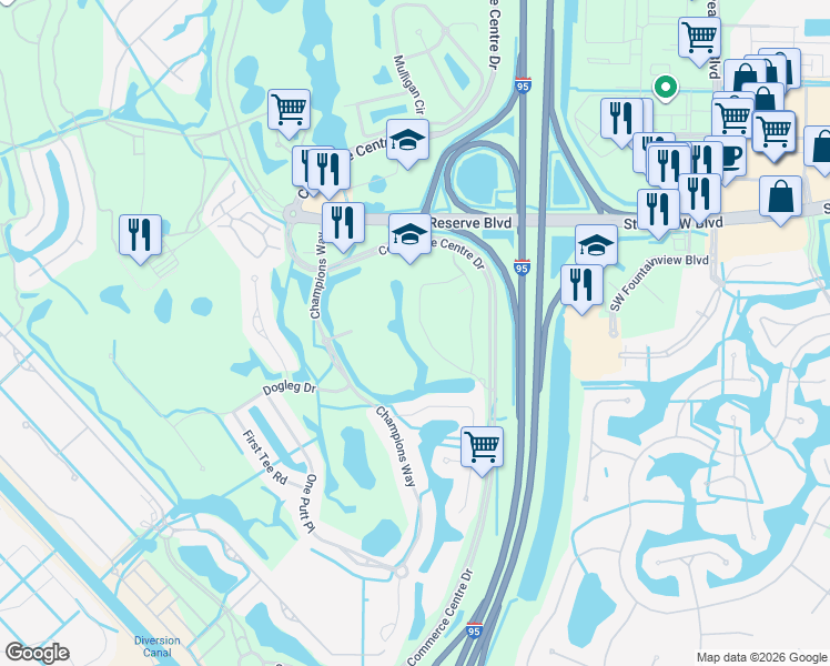 map of restaurants, bars, coffee shops, grocery stores, and more near 8563 Commerce Centre Drive in Port Saint Lucie