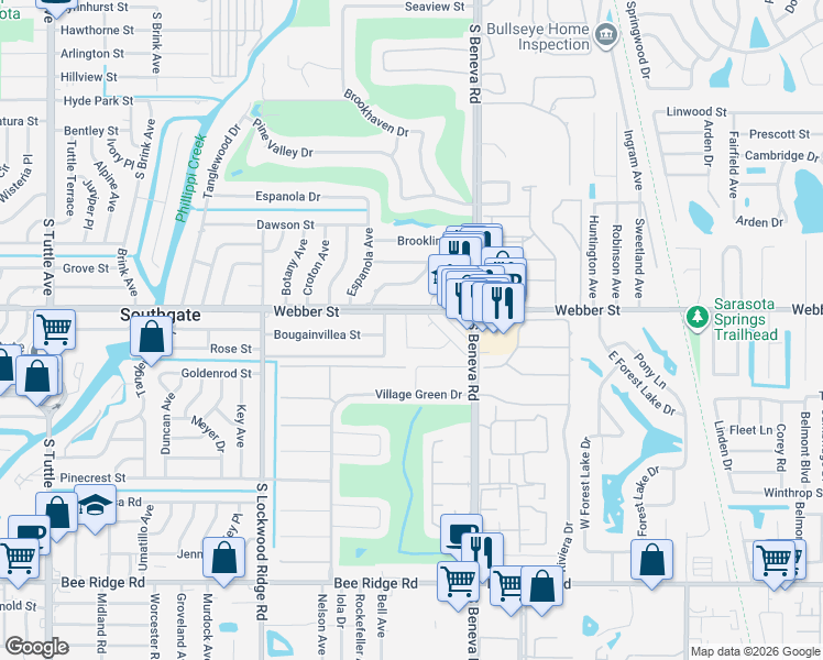 map of restaurants, bars, coffee shops, grocery stores, and more near 2837 Woodcrest Drive in Sarasota