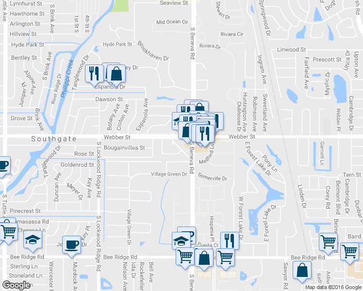 map of restaurants, bars, coffee shops, grocery stores, and more near 2841 Suncrest Drive in Sarasota