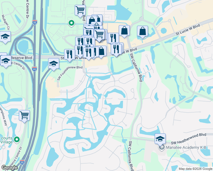 map of restaurants, bars, coffee shops, grocery stores, and more near 408 Southwest Horseshoe Bay in Port St. Lucie