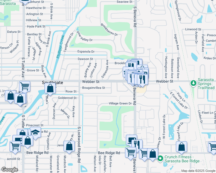 map of restaurants, bars, coffee shops, grocery stores, and more near 3379 Bougainvillea Street in Sarasota