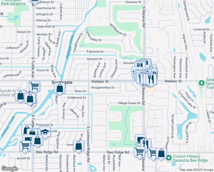 map of restaurants, bars, coffee shops, grocery stores, and more near 3333 Bougainvillea Street in Sarasota