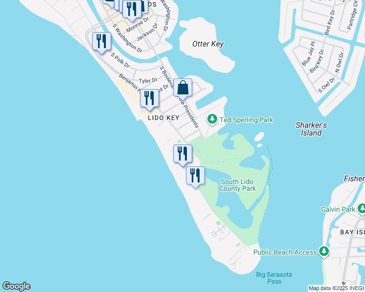 map of restaurants, bars, coffee shops, grocery stores, and more near 1100 Benjamin Franklin Drive in Sarasota
