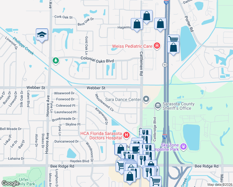 map of restaurants, bars, coffee shops, grocery stores, and more near 2804 Indianwood Drive in Sarasota