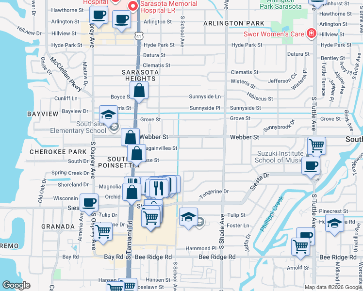 map of restaurants, bars, coffee shops, grocery stores, and more near 2229 Bougainvillea Street in Sarasota