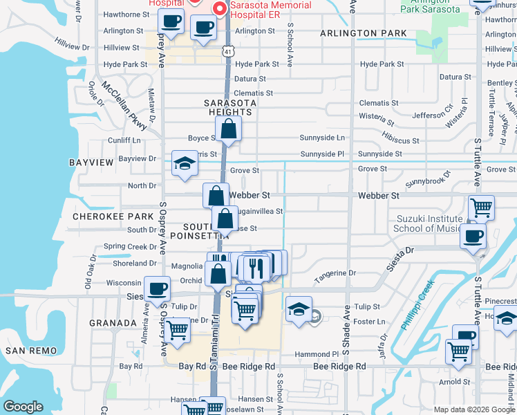 map of restaurants, bars, coffee shops, grocery stores, and more near 2051 Bougainvillea Street in Sarasota