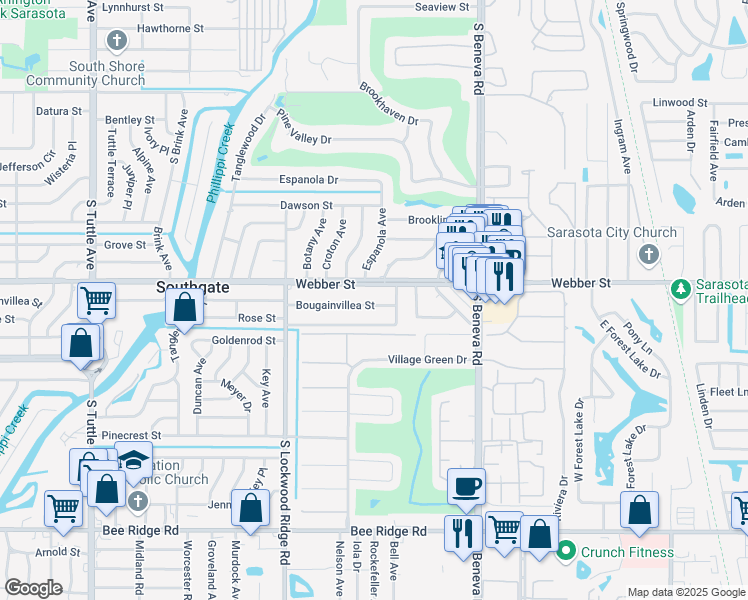 map of restaurants, bars, coffee shops, grocery stores, and more near 3379 Bougainvillea Street in Sarasota