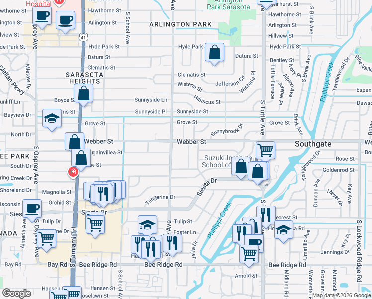 map of restaurants, bars, coffee shops, grocery stores, and more near 2818 Marshall Drive in Sarasota