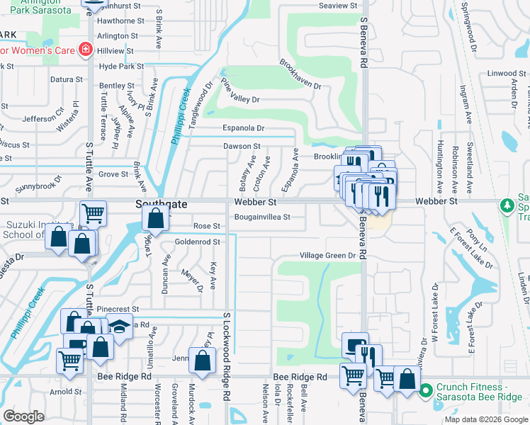 map of restaurants, bars, coffee shops, grocery stores, and more near 3333 Bougainvillea Street in Sarasota
