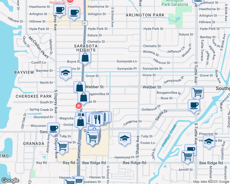 map of restaurants, bars, coffee shops, grocery stores, and more near 2229 Bougainvillea Street in Sarasota