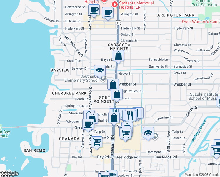 map of restaurants, bars, coffee shops, grocery stores, and more near 1941 Bougainvillea Street in Sarasota