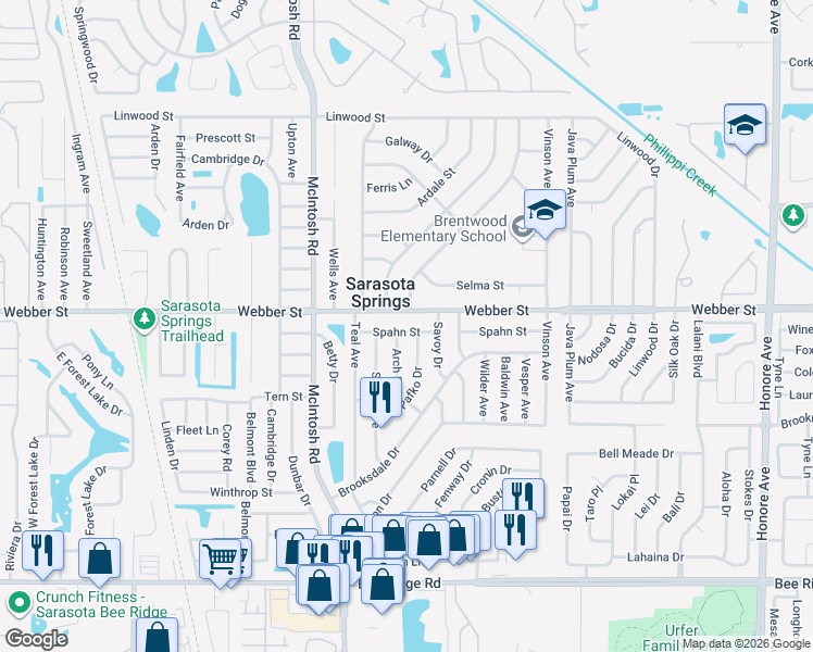 map of restaurants, bars, coffee shops, grocery stores, and more near 2904 Arch Drive in Sarasota