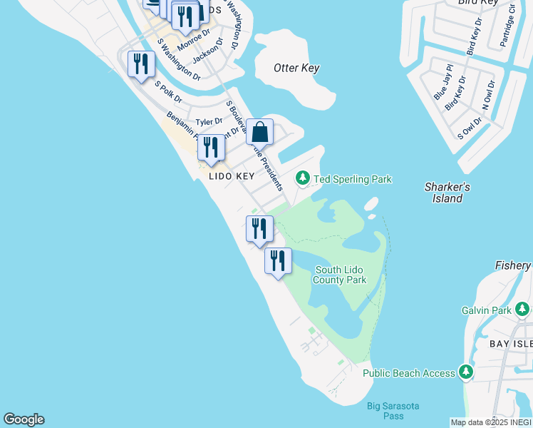 map of restaurants, bars, coffee shops, grocery stores, and more near 1100 Benjamin Franklin Drive in Sarasota