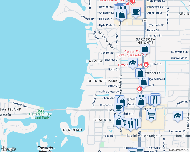 map of restaurants, bars, coffee shops, grocery stores, and more near 1625 South Lodge Drive in Sarasota
