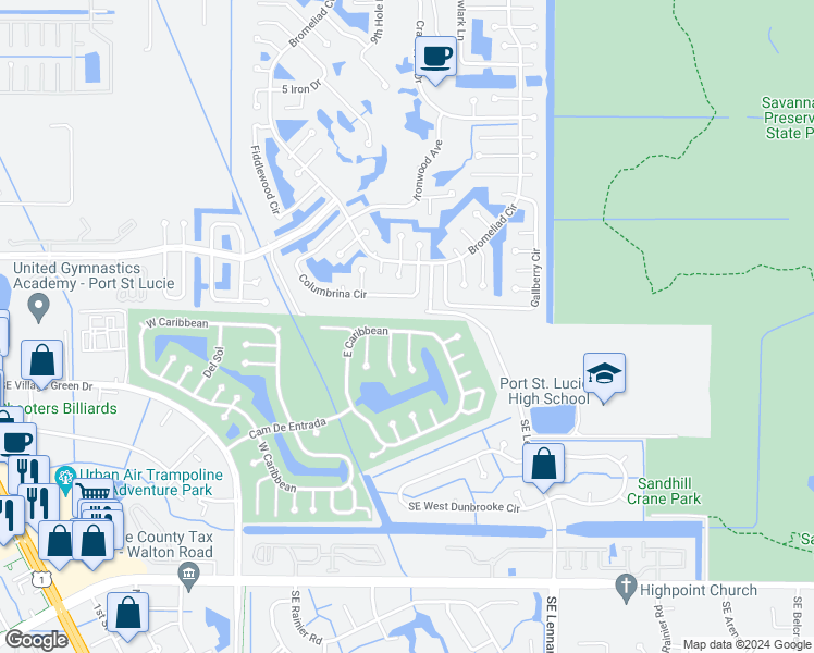 map of restaurants, bars, coffee shops, grocery stores, and more near 59 East Caribbean in Port St. Lucie