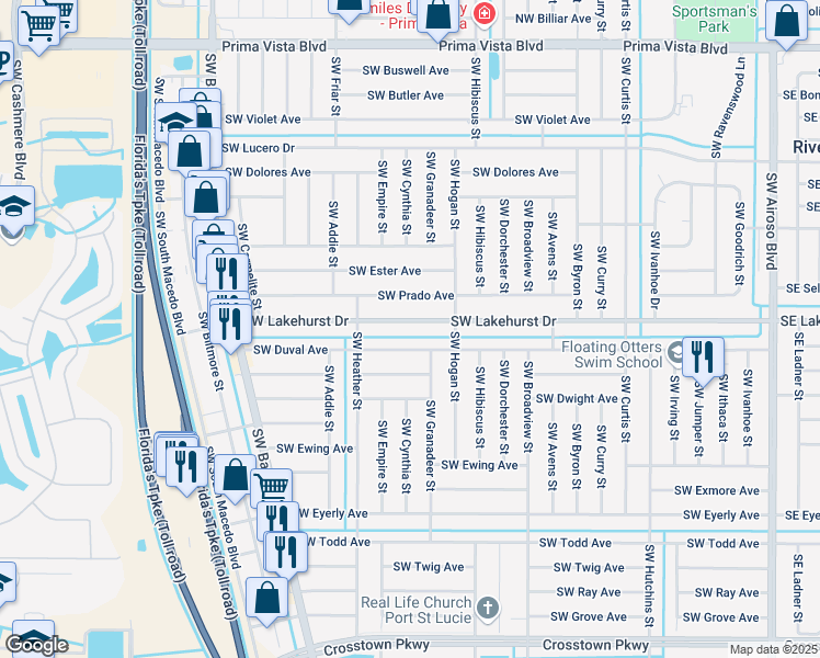 map of restaurants, bars, coffee shops, grocery stores, and more near 545 Southwest Duval Avenue in Port St. Lucie