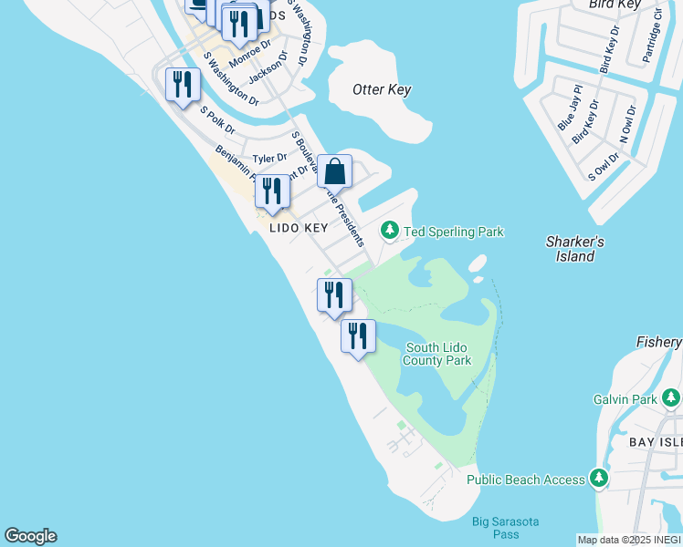 map of restaurants, bars, coffee shops, grocery stores, and more near 1100 Benjamin Franklin Drive in Sarasota