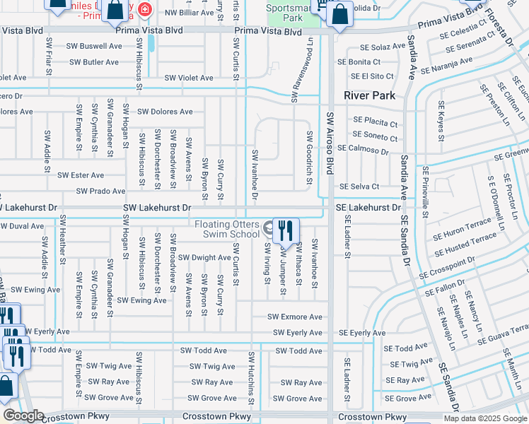 map of restaurants, bars, coffee shops, grocery stores, and more near 242 Southwest Lakehurst Drive in Port St. Lucie