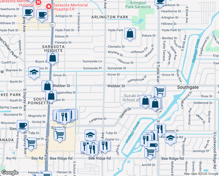 map of restaurants, bars, coffee shops, grocery stores, and more near 2818 Marshall Drive in Sarasota