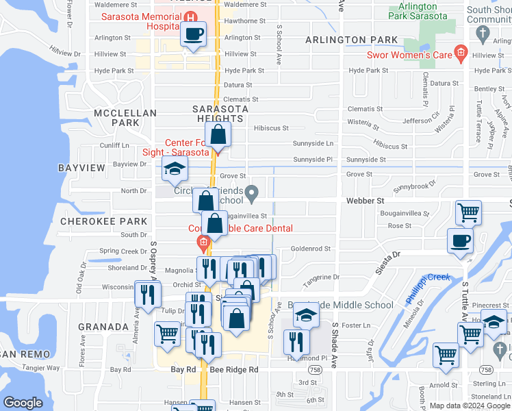 map of restaurants, bars, coffee shops, grocery stores, and more near 2153 Bougainvillea Street in Sarasota