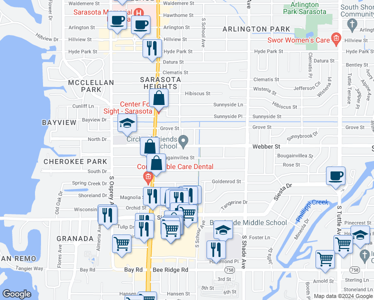 map of restaurants, bars, coffee shops, grocery stores, and more near 2153 Bougainvillea Street in Sarasota