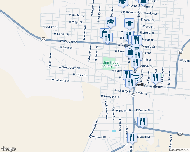 map of restaurants, bars, coffee shops, grocery stores, and more near West Tilley Street in Hebbronville