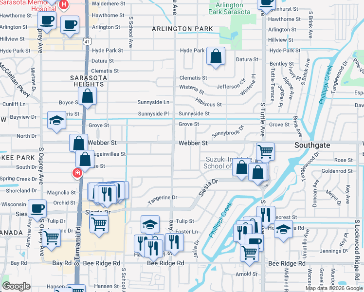 map of restaurants, bars, coffee shops, grocery stores, and more near 2818 Marshall Drive in Sarasota