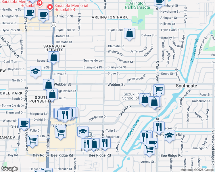 map of restaurants, bars, coffee shops, grocery stores, and more near 2818 Marshall Drive in Sarasota