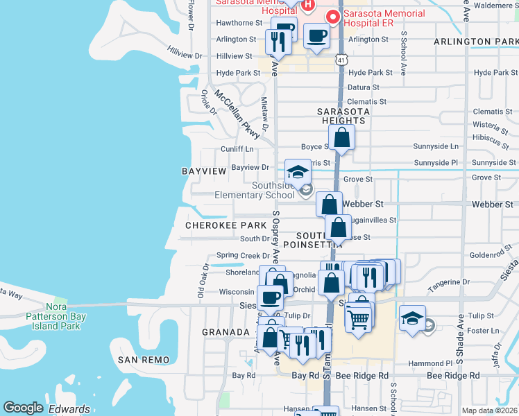 map of restaurants, bars, coffee shops, grocery stores, and more near 1758 Cherokee Drive in Sarasota