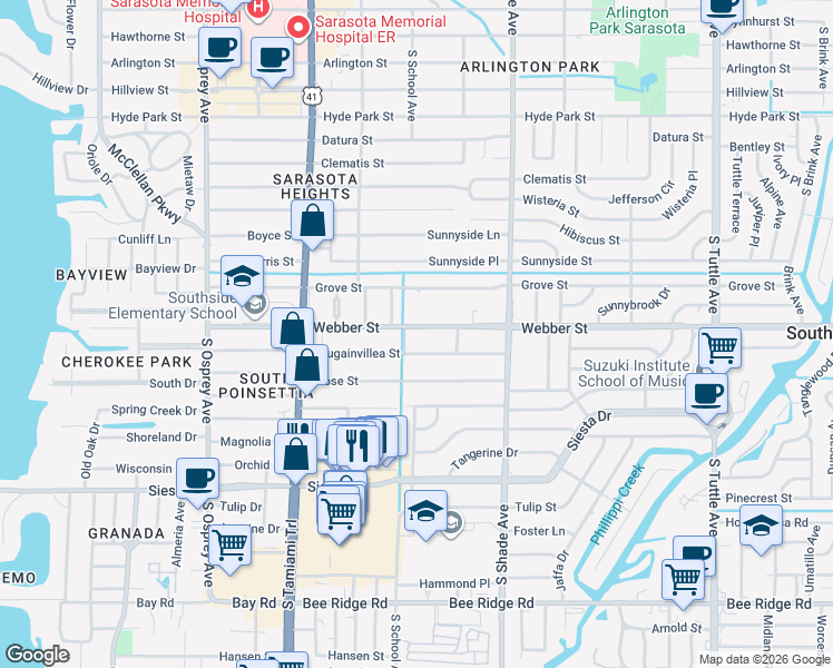 map of restaurants, bars, coffee shops, grocery stores, and more near 2229 Bougainvillea Street in Sarasota